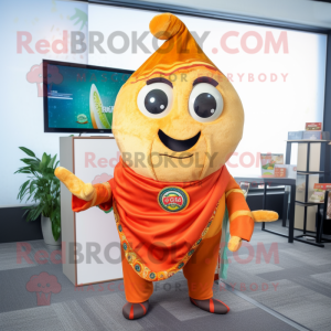 Orange Fajitas mascot costume character dressed with a Wrap Dress and Tie pins