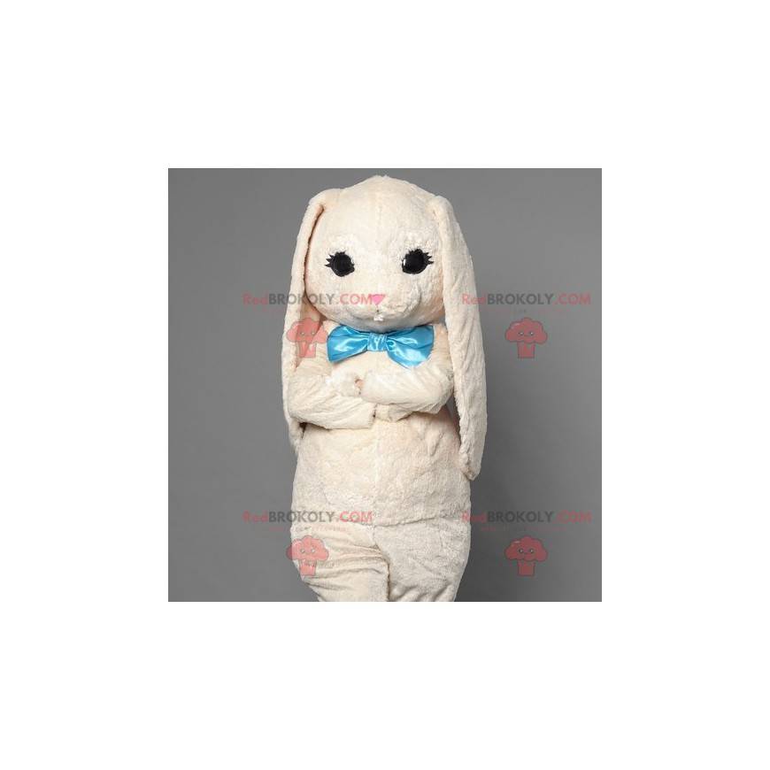 Wit konijn mascotte met een blauwe vlinderdas - Redbrokoly.com