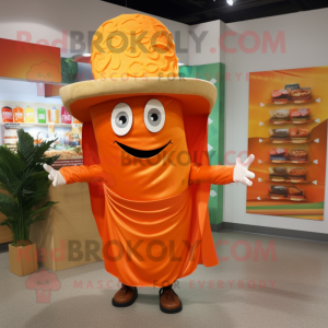 Orange Fajitas mascot costume character dressed with a Wrap Dress and Tie pins