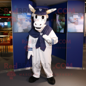 Navy Zebu mascot costume character dressed with a Bermuda Shorts and Shawls