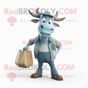 Gray Zebu mascot costume character dressed with a Boyfriend Jeans and Tote bags