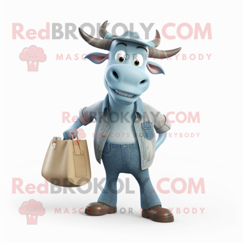 Gray Zebu mascot costume character dressed with a Boyfriend Jeans and Tote bags Gray Zebu mascot costume character dressed with a Boyfriend Jeans and Tote bags