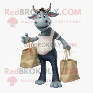 Gray Zebu mascot costume character dressed with a Boyfriend Jeans and Tote bags