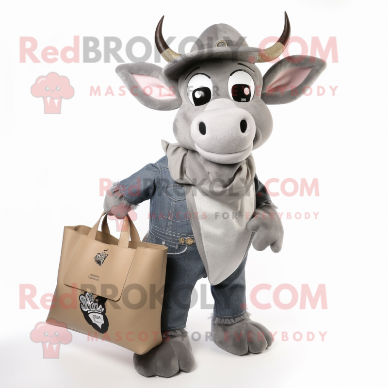 Gray Zebu mascot costume character dressed with a Boyfriend Jeans and Tote bags