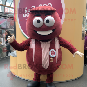 Maroon Bagels mascot costume character dressed with a Waistcoat and Watches