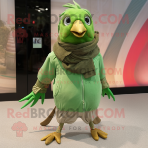 Green Quail mascot costume character dressed with a Joggers and Scarf clips