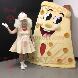 Cream Pizza Slice mascot costume character dressed with a Mini Dress and Anklets