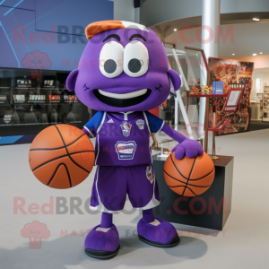 Purple Basketball Ball mascot costume character dressed with a Rugby Shirt and Tote bags