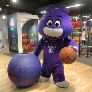 Purple Basketball Ball mascot costume character dressed with a Rugby Shirt and Tote bags