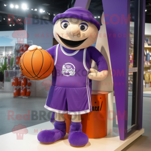 Purple Basketball Ball mascot costume character dressed with a Rugby Shirt and Tote bags