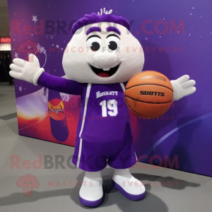 Purple Basketball Ball mascot costume character dressed with a Rugby Shirt and Tote bags