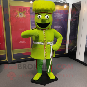 Lime Green British Royal Guard mascot costume character dressed with a Corduroy Pants and Shoe laces