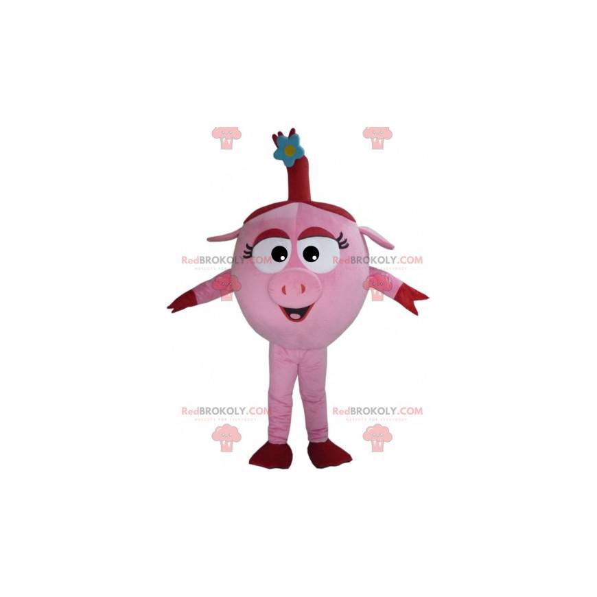 Mascotte maiale rosa e rosso rotondo e divertente -