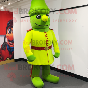 Lime Green British Royal Guard mascot costume character dressed with a Corduroy Pants and Shoe laces