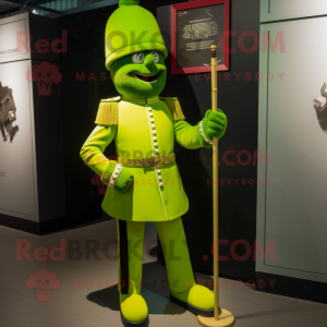 Lime Green British Royal Guard mascot costume character dressed with a Corduroy Pants and Shoe laces