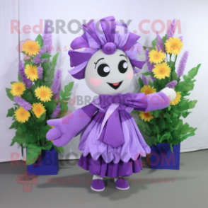 Purple Bouquet Of Flowers mascot costume character dressed with a Pleated Skirt and Scarf clips