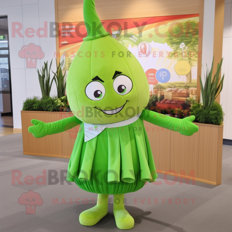 Lime Green Onion mascot costume character dressed with a Shift Dress and Headbands Lime Green Onion mascot costume character dressed with a Shift Dress and Headbands