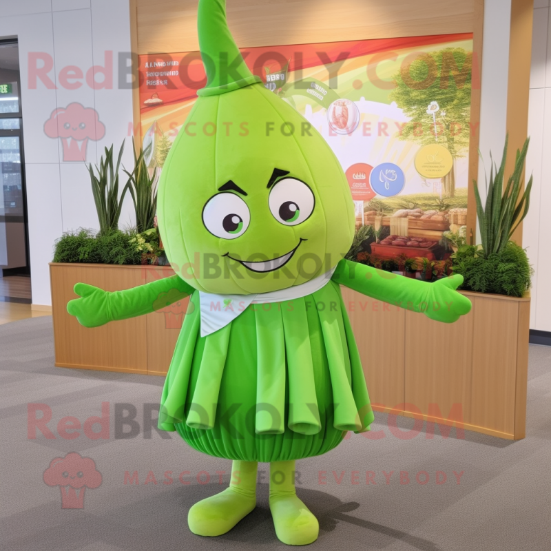 Lime Green Onion mascot costume character dressed with a Shift Dress and Headbands