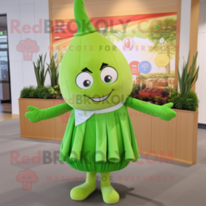Lime Green Onion mascot costume character dressed with a Shift Dress and Headbands