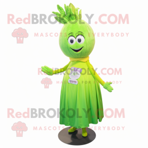 Lime Green Onion mascot costume character dressed with a Shift Dress and Headbands
