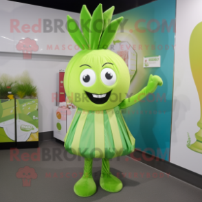 Lime Green Onion mascot costume character dressed with a Shift Dress and Headbands