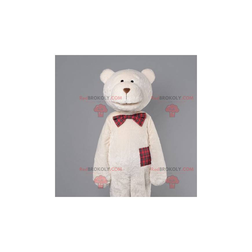 Beige bamse maskot med en rutet slips - Redbrokoly.com