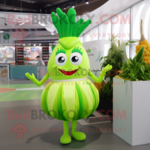 Lime Green Onion mascot costume character dressed with a Shift Dress and Headbands