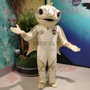 Beige Stingray mascot costume character dressed with a Rash Guard and Bracelets