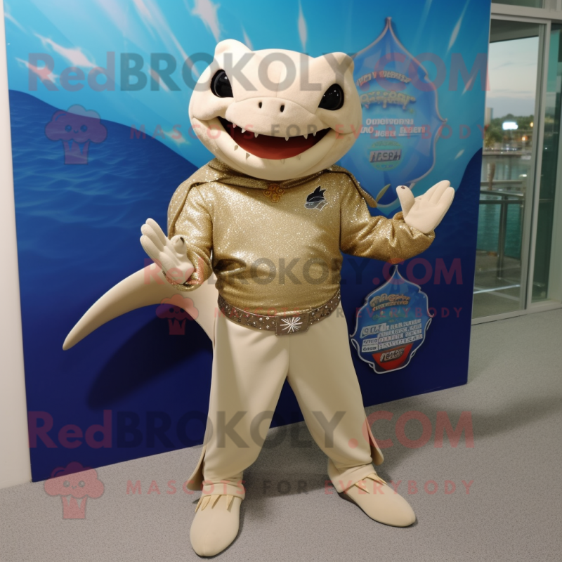 Beige Stingray mascot costume character dressed with a Rash Guard and Bracelets