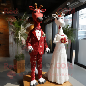 Maroon Giraffe mascot costume character dressed with a Wedding Dress and Cufflinks