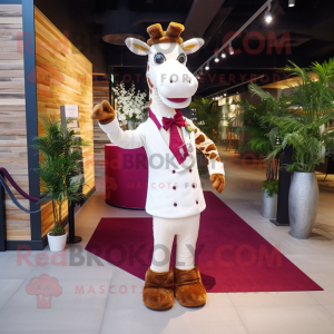 Maroon Giraffe mascot costume character dressed with a Wedding Dress and Cufflinks