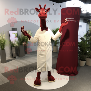 Maroon Giraffe mascot costume character dressed with a Wedding Dress and Cufflinks