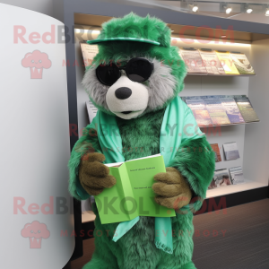 Green Marmot mascot costume character dressed with a Cover-up and Reading glasses