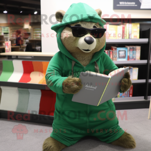 Green Marmot mascot costume character dressed with a Cover-up and Reading glasses