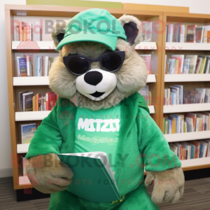 Green Marmot mascot costume character dressed with a Cover-up and Reading glasses