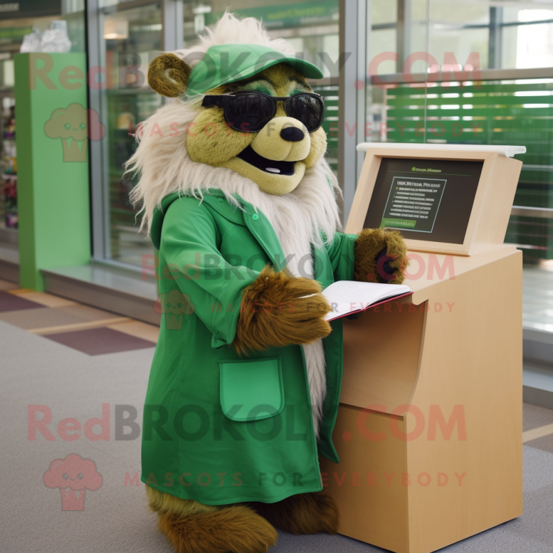 Green Marmot mascot costume character dressed with a Cover-up and Reading glasses