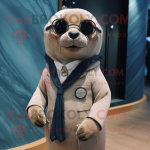 Tan Seal mascot costume character dressed with a Suit Jacket and Eyeglasses