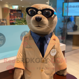 Tan Seal mascot costume character dressed with a Suit Jacket and Eyeglasses
