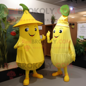 Lemon Yellow Pepper mascot costume character dressed with a Wrap Dress and Hats