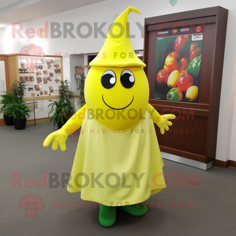 Lemon Yellow Pepper mascot costume character dressed with a Wrap Dress and Hats Lemon Yellow Pepper mascot costume character dressed with a Wrap Dress and Hats