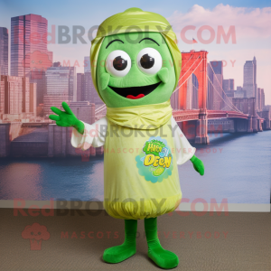 Lime Green Pesto Pasta mascot costume character dressed with a Mom Jeans and Shawl pins