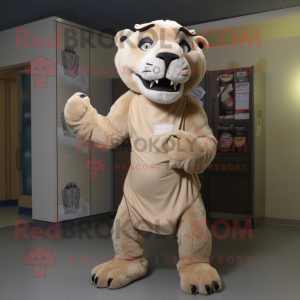 Beige Smilodon mascot costume character dressed with a Wrap Skirt and Backpacks