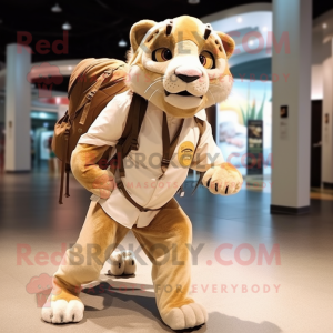 Beige Smilodon mascot costume character dressed with a Wrap Skirt and Backpacks