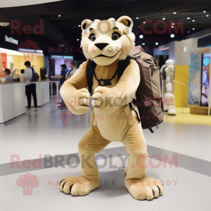 Beige Smilodon mascot costume character dressed with a Wrap Skirt and Backpacks