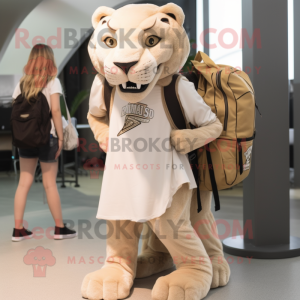 Beige Smilodon mascot costume character dressed with a Wrap Skirt and Backpacks