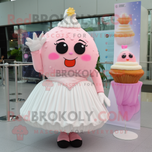 Pink Cupcake mascot costume character dressed with a Wedding Dress and Hairpins