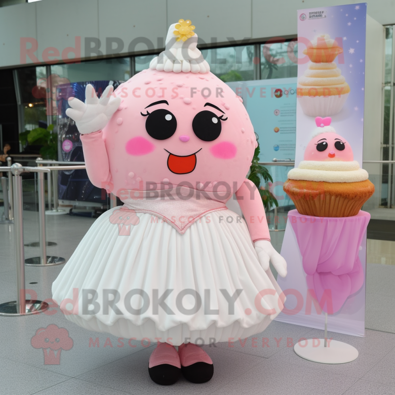 Pink Cupcake mascot costume character dressed with a Wedding Dress and Hairpins