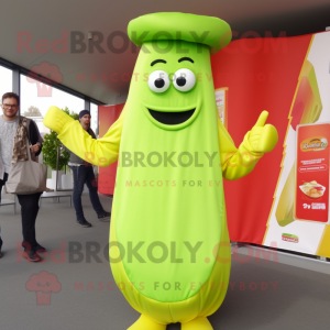 Lime Green Currywurst mascot costume character dressed with a Long Sleeve Tee and Hats