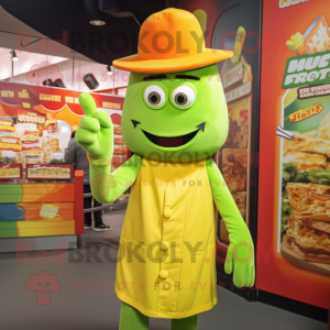 Lime Green Currywurst mascot costume character dressed with a Long Sleeve Tee and Hats