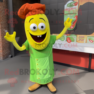 Lime Green Currywurst mascot costume character dressed with a Long Sleeve Tee and Hats